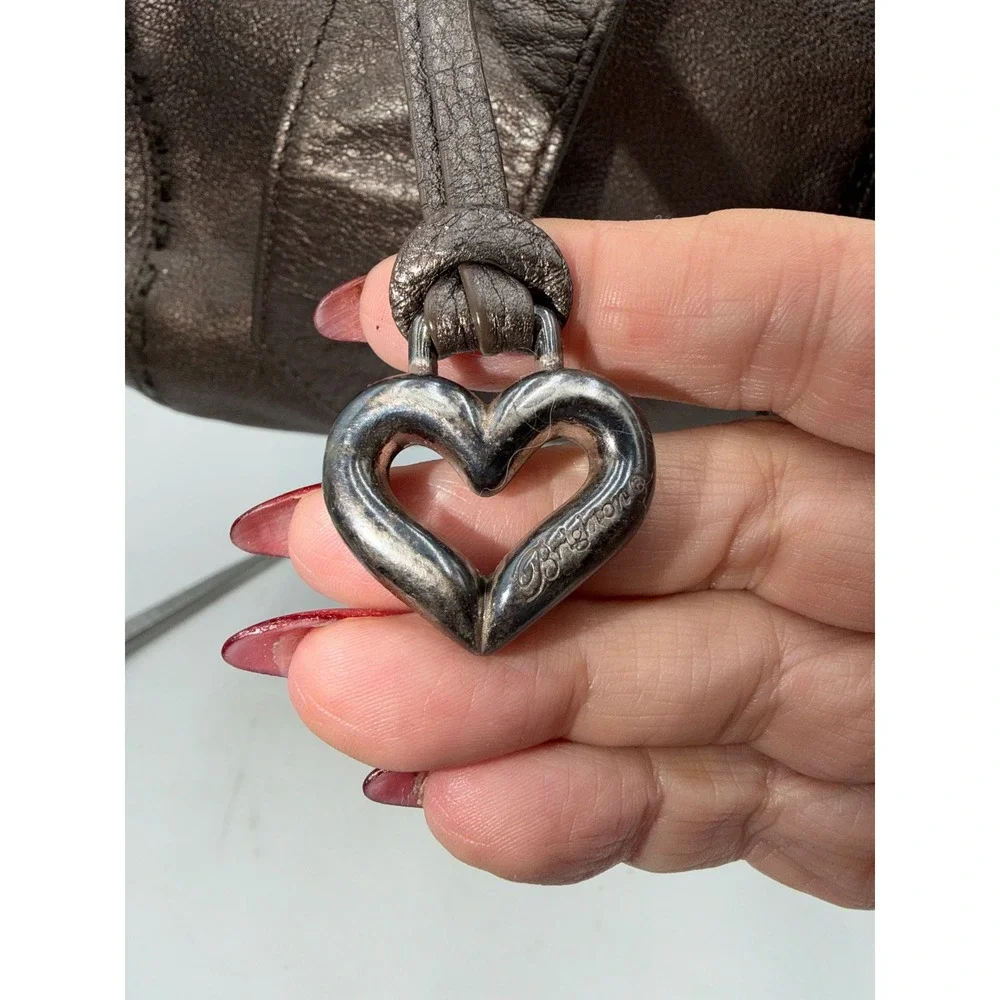 Brighton Metallic Pewter Leather Bow Hobo Shoulder Bag Silver Heart A301748 - Picture 6 of 12